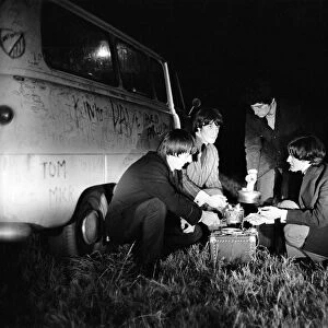 The Kinks pop group September 1964 Ray Davies and Dave Davies making tea on a