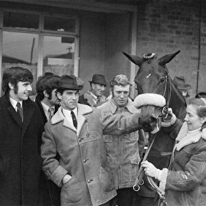 Leeds United players Mick Bates, Peter Lorimer and Mick Jones at Wetherby races with