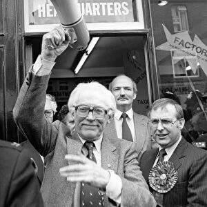 Michael Foot with John Haynes speaks to supporters. Labour Party leader