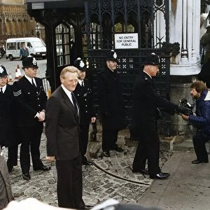 Michael Heseltine Conservative MP outside House Of Lords Commons Westminster makes an