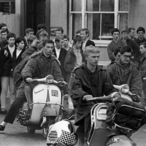 Mods gather in Hastings on their scooters 1964