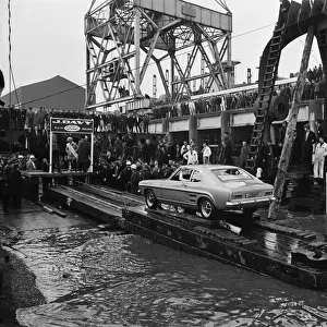The new Ford Capri, launched in unusual manner off the slipway at the shipbuilding yard