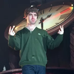 Noel Gallagher Oasis group SECC Glasgow December 1997 on stage at concert in Glasgow