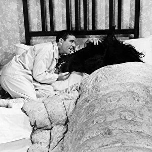 Norman Wisdom Comedian Actor in bed with Nellie the Horse in a scene from the film The