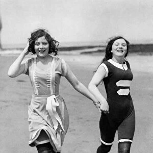 Seaside Scene. Clothing. Dresses and beachwear. Swimwear. August 1915 P018091