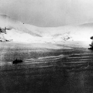 The Second Battle of Narvik. HMS Warspite in action with the Narvik shore batteries