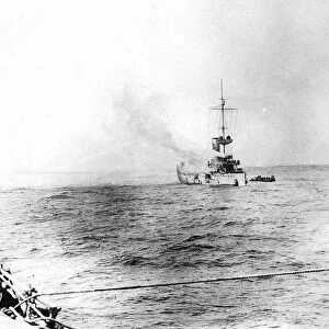 Ships The Mainz on fire during the Battle of Heligoland Bight which took place during