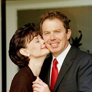 Tony Blair Labour Party Leader Prime Minister receives a kiss from his wife Cherie Blair