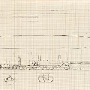 Isambard Kingdom Brunel sketch: Cross-section of a steamship with paddle wheels, possibly the Great Eastern, c1854