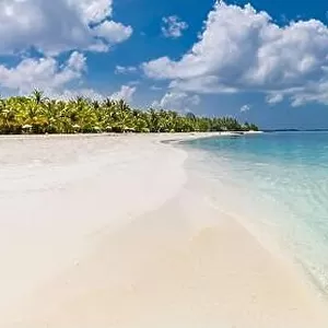 Amazing summer beach panorama. Exotic island coastline with palm trees and white sand close to amazing blue sea and lagoon. Tropical paradise beach