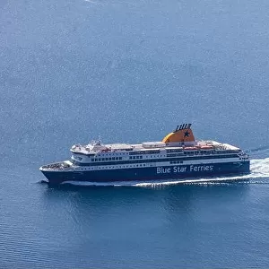 Santorini, Greece - 10.8.2019: Tourists arriving with ferries running on Aegeans sea at Santorini island, Greece
