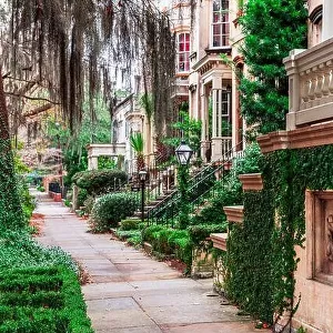 Savannah, Georgia, USA historic downtown sidewalks and rowhouses