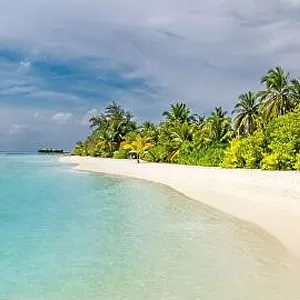 Tropical vacation destination, Maldives. Jetty pier for paradise island