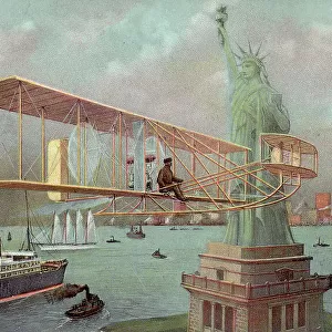 Drawing depicting an airplane flying near the Statue of Liberty