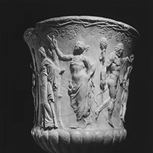 Marble vase decorated with a bas-relief depicting Hermes taking the newly born Dionysus to be nurtured and raised by the Nymphs of Nysa, signed by the author, Salpion, in the National Archaeological Museum of Naples