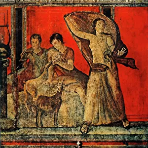 Satyr playing panpipes, Panisca nursing a kid and a terrified fleeing woman; detail of the frescoes on red field of the II style. The Villa of the Mysteries, Pompeii