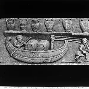 Scene of a loaded ship; relief traced to Cabrires d'Aigues and preserved in the Calvet Museum of Avignone. The work was displayed at the Augustea Exhibit of the Roman World held in Rome in 1937-1938