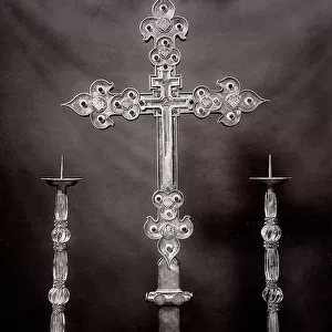Two Venetian candelabras and a crucifix donated by Charles II of Anjou, in the Museum of the Basilica of San Nicola, in Bari, Puglia