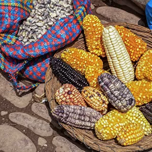 Peru, Sacred Valley, Pisac, variety of corn display
