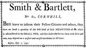 Advertisement for the Smith & Bartlett apothecary shop in Boston, Massachusetts, 1792 Advertisement for the Smith & Bartlett apothecary shop in Boston, Massachusetts, 1792