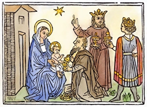 ADORATION OF MAGI. Woodcut from the Meditations of Johannes de Turrecremata, Rome ADORATION OF MAGI. Woodcut from the Meditations of Johannes de Turrecremata, Rome