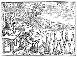 ALCHEMISTS. An alchemist placing curcubites in the sun while his assistant grinds ALCHEMISTS. An alchemist placing curcubites in the sun while his assistant grinds