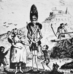 ANTI-WAR CARTOON, 1775. English anti-war cartoon, 1775, showing a British soldier ANTI-WAR CARTOON, 1775. English anti-war cartoon, 1775, showing a British soldier