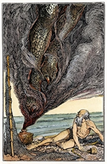 ARABIAN NIGHTS: FISHERMAN. The genie comes out of the jar. Drawing, 1898, by Henry J ARABIAN NIGHTS: FISHERMAN. The genie comes out of the jar. Drawing, 1898, by Henry J