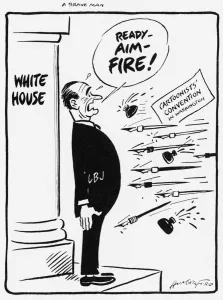 A Brave Man. President Lyndon Johnson caricatured in a cartoon by Cy Hungerford for A Brave Man. President Lyndon Johnson caricatured in a cartoon by Cy Hungerford for