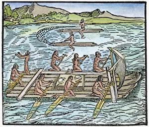 CARIB NATIVE AMERICAN FISHERMEN. Woodcut from Girolamo Benzonis Historia del Mondo Nuovo CARIB NATIVE AMERICAN FISHERMEN. Woodcut from Girolamo Benzonis Historia del Mondo Nuovo