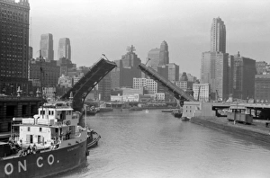 CHICAGO, 1941. A view of a drawbridge across the Chicago River in Chicago, Illinois CHICAGO, 1941. A view of a drawbridge across the Chicago River in Chicago, Illinois