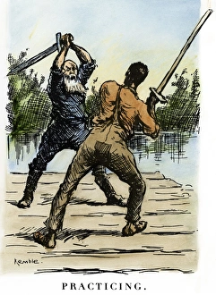 CLEMENS: HUCK FINN, 1885. Practicing. The king and the duke, a pair of con men CLEMENS: HUCK FINN, 1885. Practicing. The king and the duke, a pair of con men