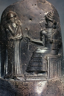Stele Prints: CODE OF HAMMURABI. Detail of top of black basalt stele, c1792-1750. B. C