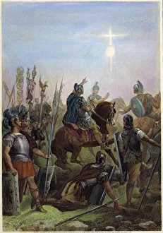 CONSTANTINE CONVERSION. Conversion of Roman Emperor Constantine I (280?-337) at the Milvian Bridge in 312: steel engraving, American, 1869