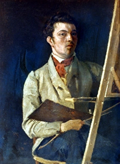 COROT WITH EASEL, 1825. Self-portrait, oil on canvas by Jean-Baptiste Camille Corot, 1825 COROT WITH EASEL, 1825. Self-portrait, oil on canvas by Jean-Baptiste Camille Corot, 1825