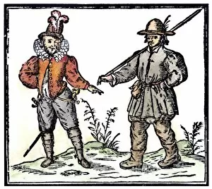 COURTIER AND COUNTRY MAN. Woodcut from Robert Greenes A Quip for an Upstart Courtier