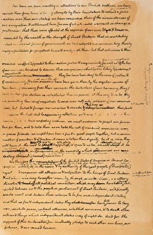 <b class=qtipBold><figcaption>Declaration of Independence</figcaption></b><br>DECLARATION OF INDEPENDENCE The fourth and final page of Thomas Jefferson's rough draft of the Declaration of Independence, written 11-28 June 1776, with verbal changes by Benjamin Franklin and John Adams noted thereon.<br><em>© none</em> Declaration of Independence