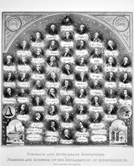 <b class=qtipBold><figcaption>Declaration of Independence</figcaption></b><br>DECLARATION OF INDEPENDENCE Portraits and autographs of the signers of the Declaration of Independence, 4 July 1776.<br><em>© none</em> Declaration of Independence