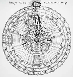A diagram of the Universe by the 17th century English Neoplatonist Robert Fludd showing the links between the hidden God and the manifest world, combining what Fludd called 'theosophical and philosophical truths'. Woodcut from his 'Utriusque Cosmi.' A diagram of the Universe by the 17th century English Neoplatonist Robert Fludd showing the links between the hidden God and the manifest world, combining what Fludd called 'theosophical and philosophical truths'. Woodcut from his 'Utriusque Cosmi.'