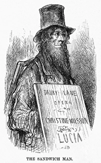 DORE: LONDON, 1872. The Sandwich Man. A man wearing a sandwich board advertising DORE: LONDON, 1872. The Sandwich Man. A man wearing a sandwich board advertising