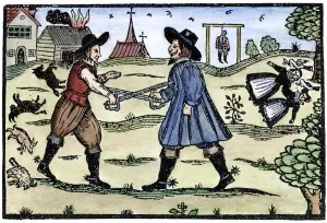DUELING, 1595. From the famous English ballad The Babes in the Wood DUELING, 1595. From the famous English ballad The Babes in the Wood