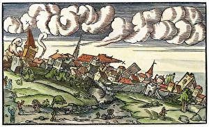 EARTHQUAKE, 1550. The aftermath of an earthquake. Woodcut, 1550 EARTHQUAKE, 1550. The aftermath of an earthquake. Woodcut, 1550