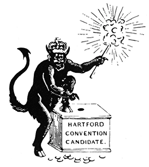 A Federalist candidate depicted as a pro-British devil and identified with the Hartford Convention of 1814. Detail from an American campaign leaflet of 1816 in support of Democratic-Republican presidential candidate James Monroe A Federalist candidate depicted as a pro-British devil and identified with the Hartford Convention of 1814. Detail from an American campaign leaflet of 1816 in support of Democratic-Republican presidential candidate James Monroe