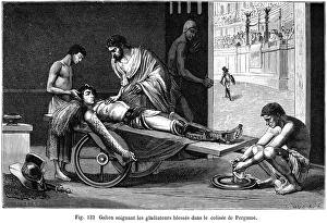 Greek physician. Galen ministering to gladiators wounded in the arena at Pergamum Greek physician. Galen ministering to gladiators wounded in the arena at Pergamum