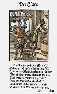 HATTERS, 1568. Hatters making hats of wool felt. Woodcut, 1568, by Jost Amman HATTERS, 1568. Hatters making hats of wool felt. Woodcut, 1568, by Jost Amman