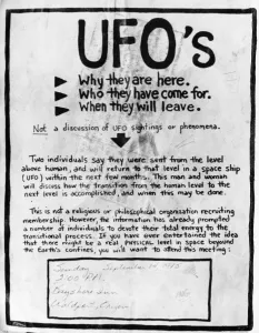 HEAVENS'S GATE CULT, 1975. Poster for a meeting, to be held 14 September 1975 HEAVENS'S GATE CULT, 1975. Poster for a meeting, to be held 14 September 1975