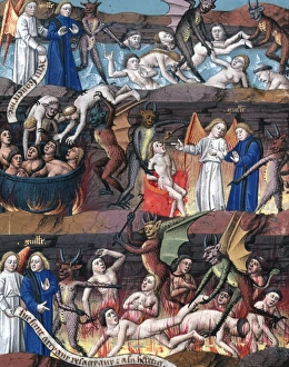 Vincent Prints: HELL: PUNISHMENT. Demons punish sinners in hell. Manuscript illumination, French
