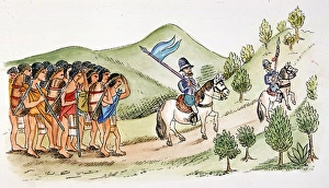 HERNANDO CORTES, 1519. Cortes (center), his conquistador Bernal Diaz, and a band HERNANDO CORTES, 1519. Cortes (center), his conquistador Bernal Diaz, and a band