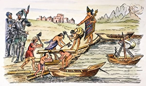 HERNANDO CORTES and a Tlaxcaltec chief supervise native Indians building boats for Cortes HERNANDO CORTES and a Tlaxcaltec chief supervise native Indians building boats for Cortes