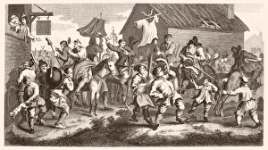 HOGARTH: HUDIBRAS, 1726. Encounters the Skimmington. Steel engraving, c1860 HOGARTH: HUDIBRAS, 1726. Encounters the Skimmington. Steel engraving, c1860